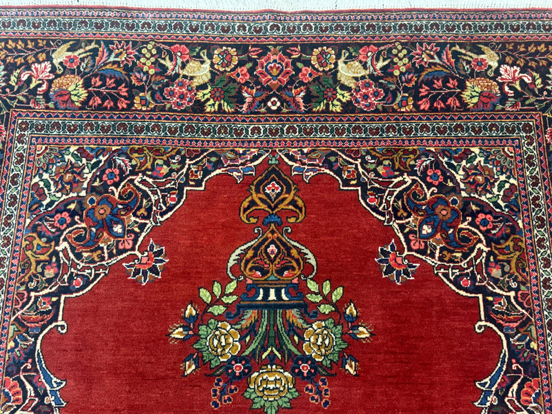 Red Persian Kashan Rug 4x6, Very Fine 260 KPSI, Red and Navy Blue Persian Carpet, Semi Open Field by Jewel Rugs