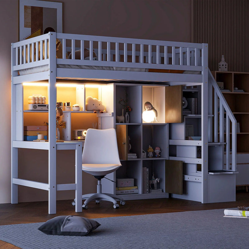 Loft Bed With Built In L Shaped Desk, LED Lights, Storage Shelves, Cabinets, And Staircase by HouseOfZazla
