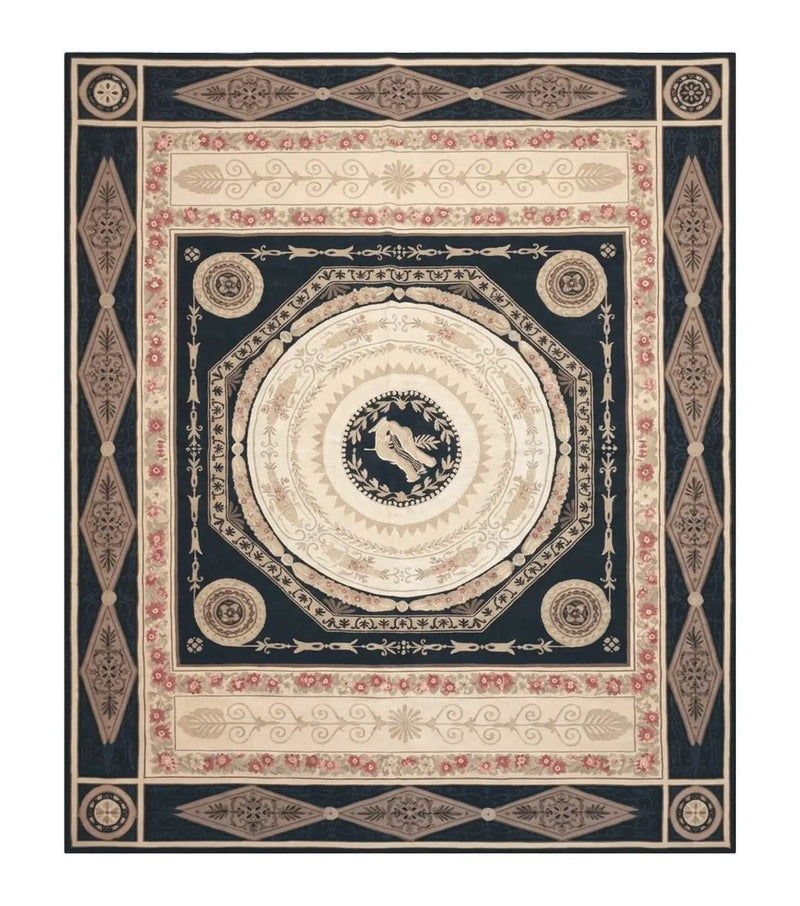 8x10 Woolen Needlepoint Rug Black European Savonnerie Carpet Circles Flat Weave Carpet Area Rug New Handmade Hand-Knotted Harp Flowers by Jewel Rugs