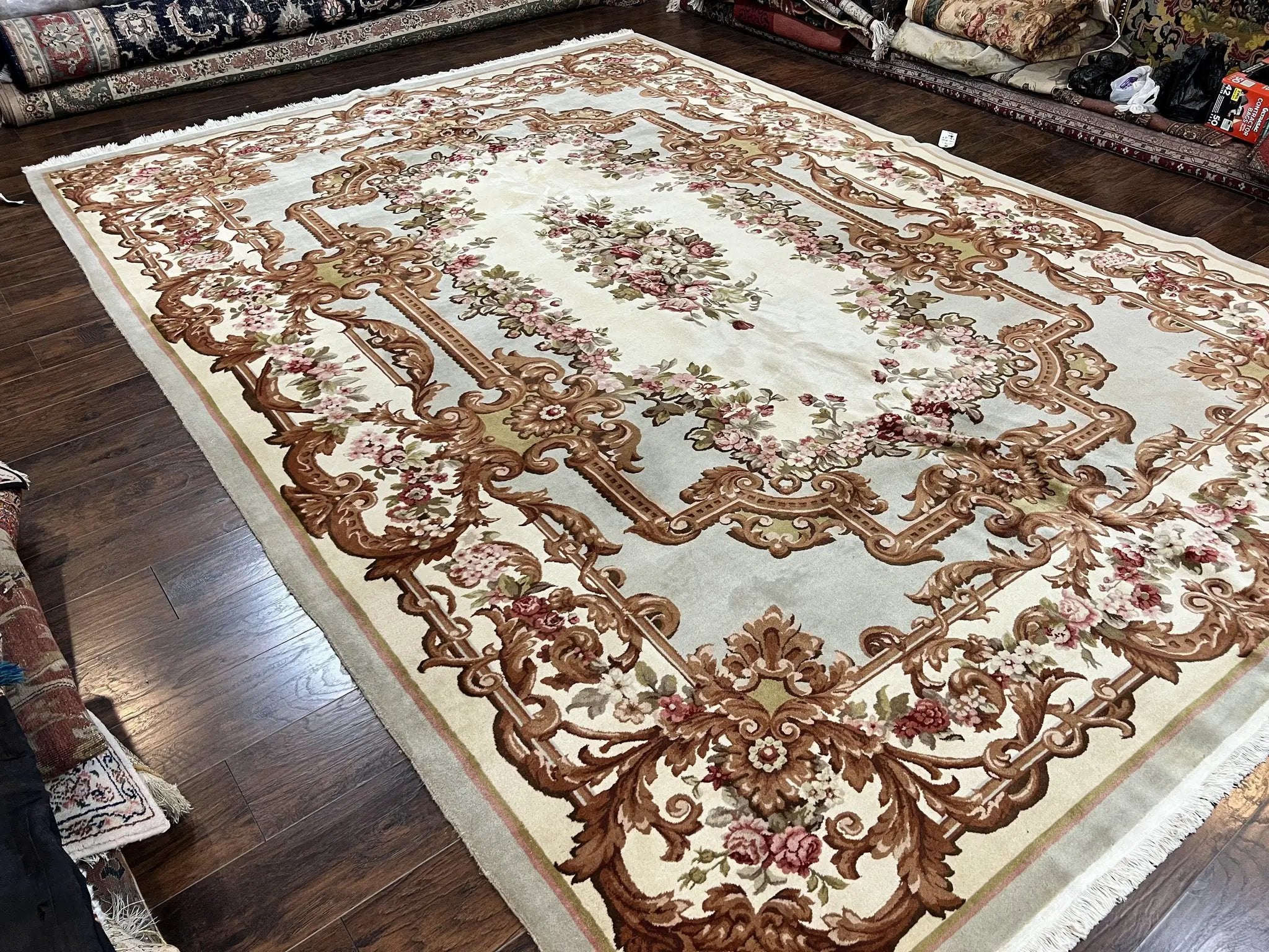 Aubusson Rug 10x13, Cream and Light Mint Green Hand Knotted Handmade French Savonnerie European Carpet, Wool Pile, Large Room Sized Vintage by Jewel Rugs