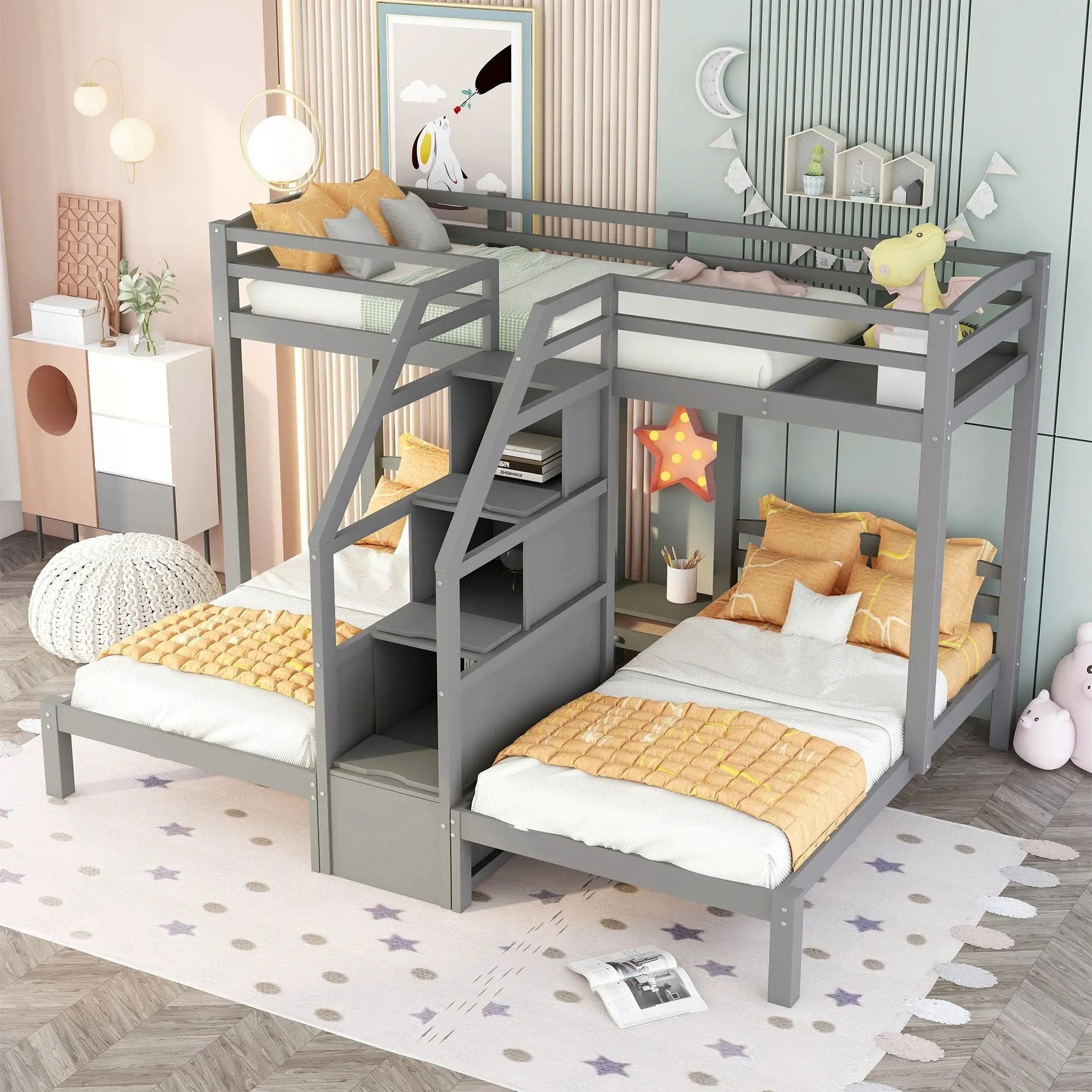 Twin Over Twin & Twin Bunk Bed With Built In Staircase And Storage Drawer - Gray by Unique Piece Furniture