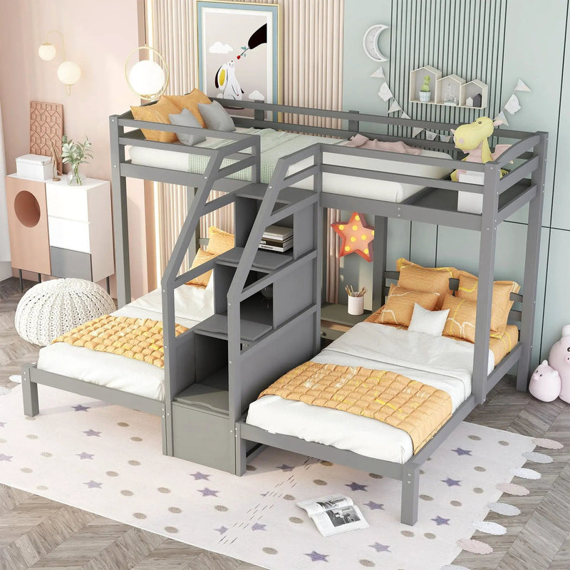 Twin Over Twin & Twin Bunk Bed With Built In Staircase And Storage Drawer - Gray by Unique Piece Furniture
