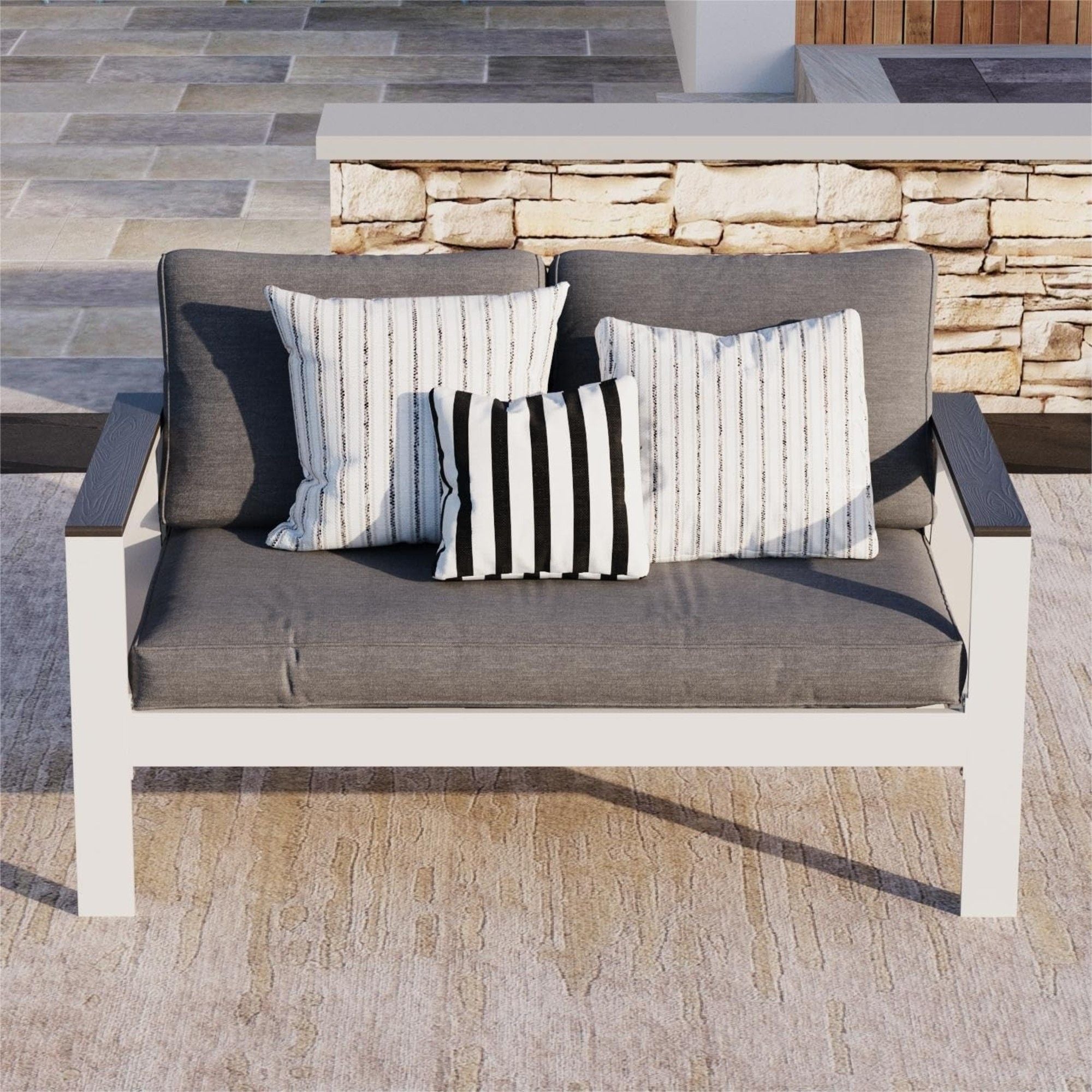 All Weather Patio Loveseat With Armrests & Angled Backrest - White / Gray by HouseOfZazla