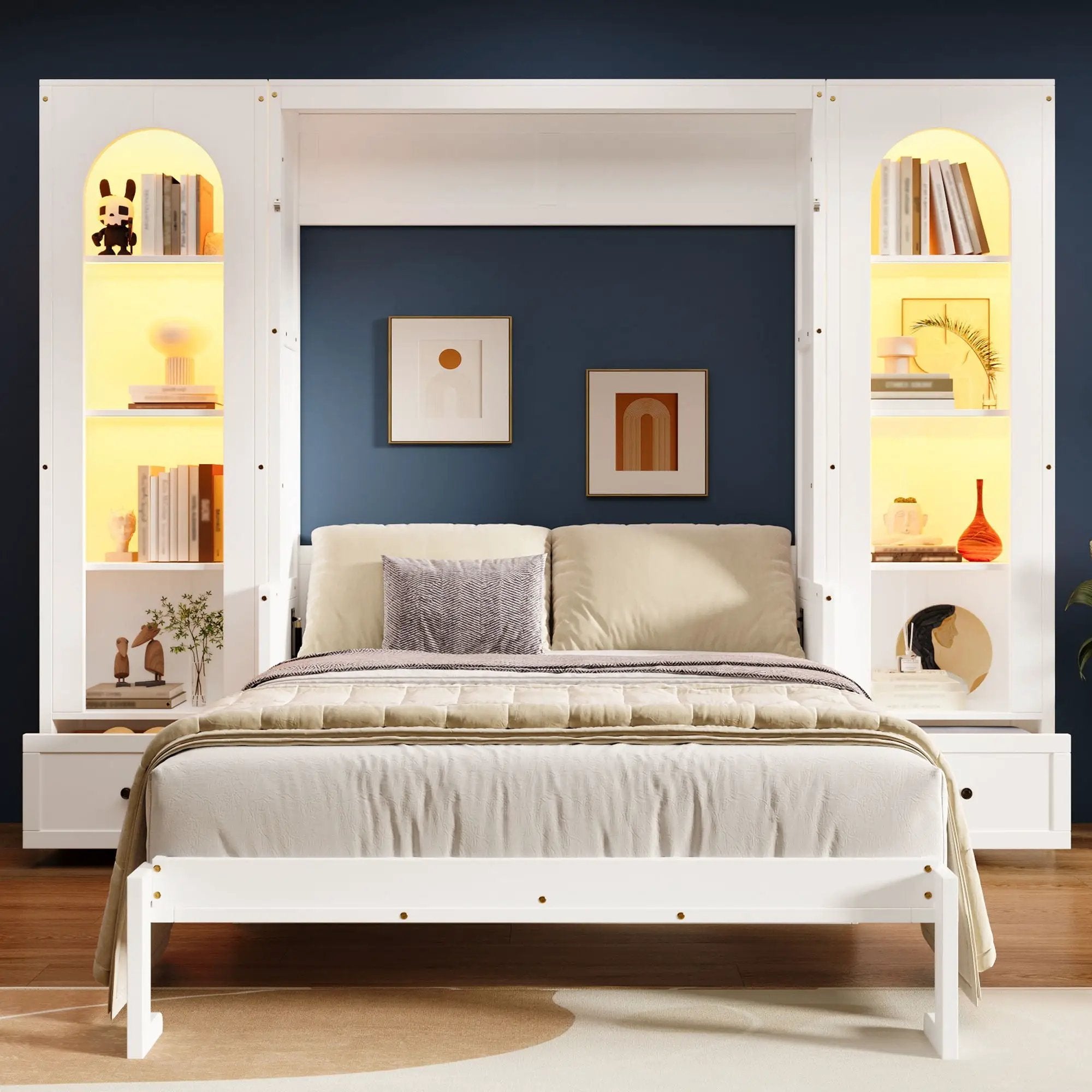 French Style Murphy Platform Bed With Shelf, Side Cabinets, Drawers And LED by Unique Piece Furniture