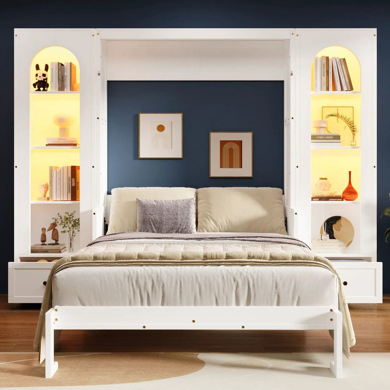 French Style Murphy Platform Bed With Shelf, Side Cabinets, Drawers And LED by Unique Piece Furniture