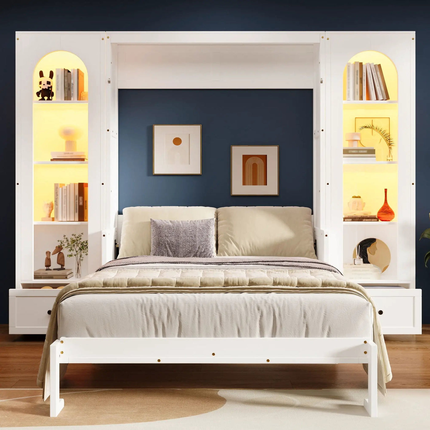 French Style Murphy Platform Bed With Shelf, Side Cabinets, Drawers And LED by HouseOfZazla