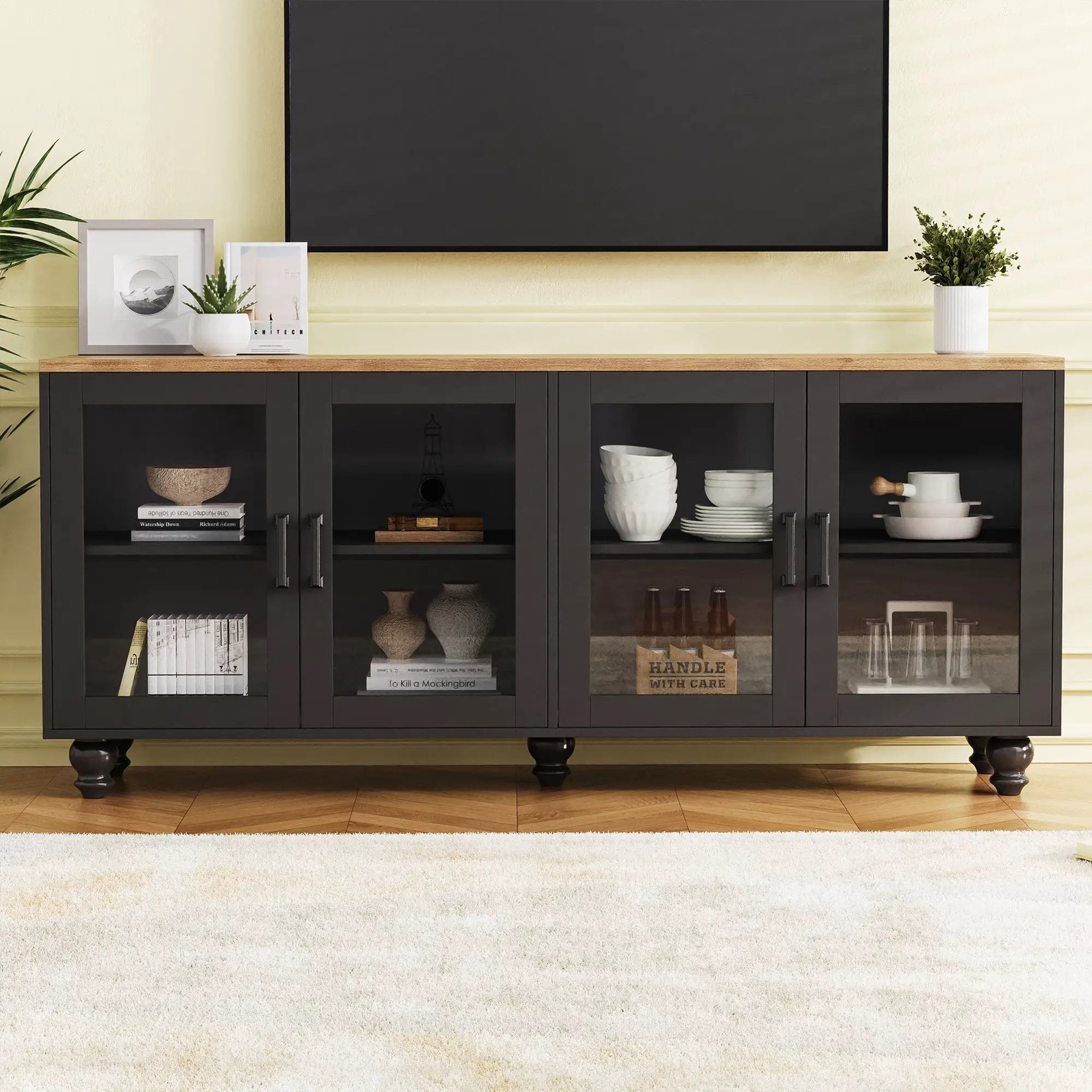 ON-TREND Farmhouse TV Stand with Tempered Glass Doors by HouseOfZazla