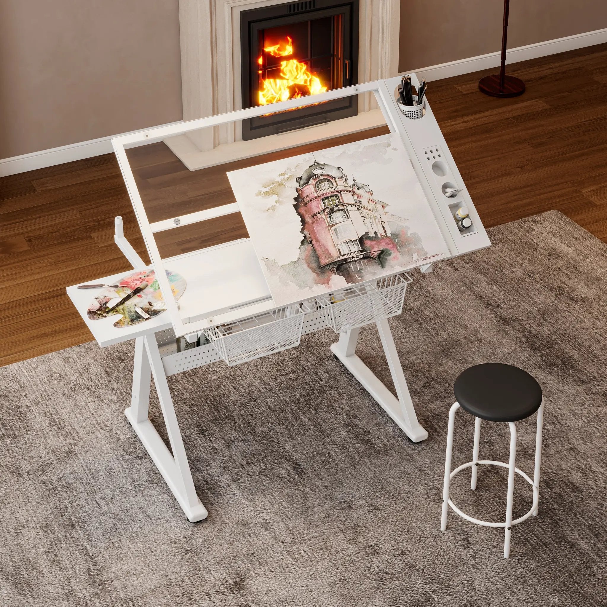 Hand Crank Adjustable Tempered Glass Drafting Table with Chair by HouseOfZazla