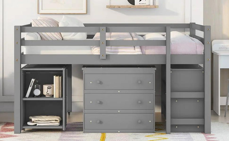 Loft Low Study Bed With Cabinet, Shelves And Rolling Portable Desk, Multiple Functions by HouseOfZazla