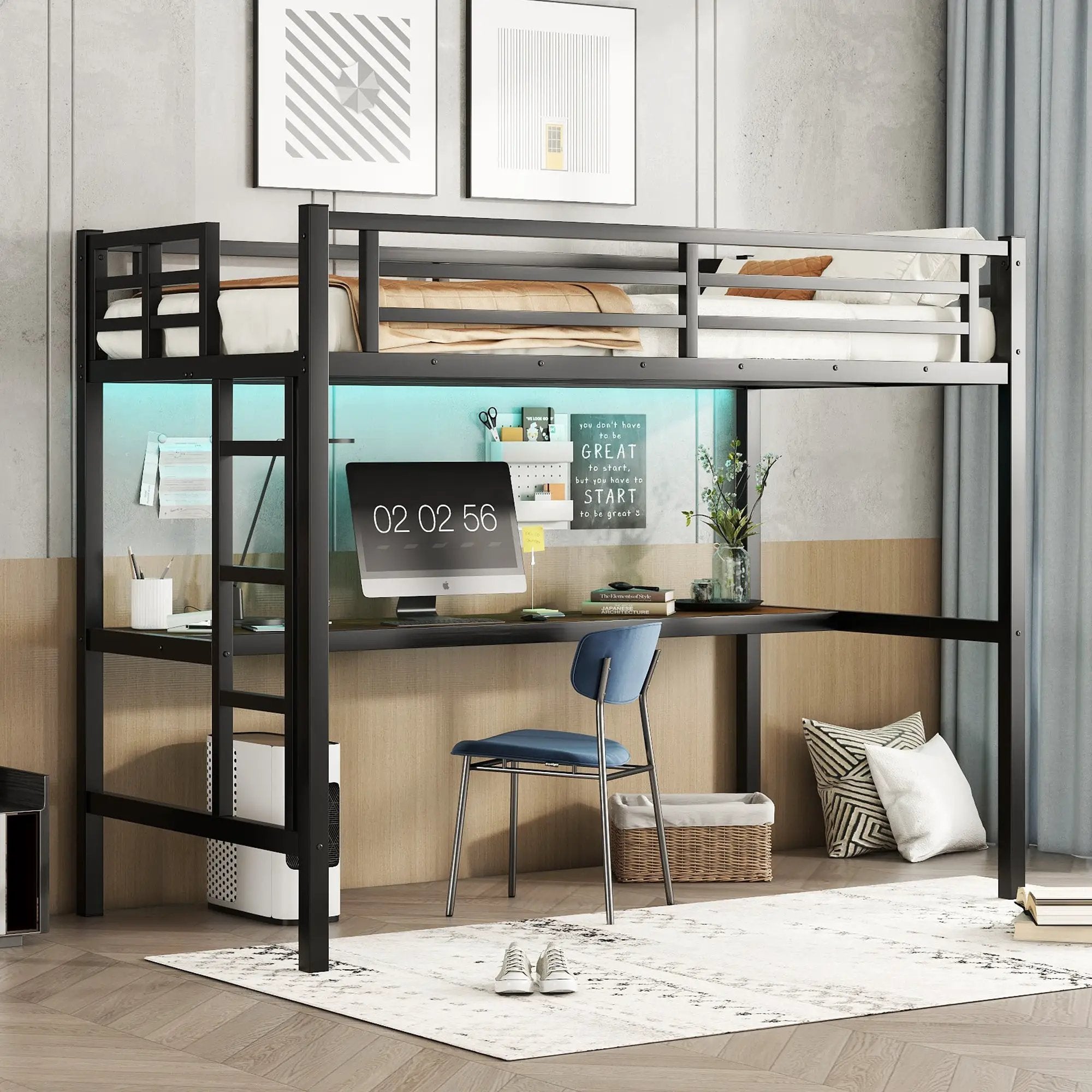 Metal Twin XL Size Loft Bed with Power Outlet and LED Light by HouseOfZazla