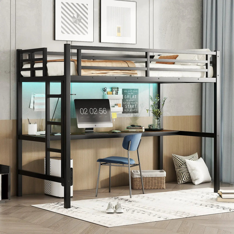 Metal Twin XL Size Loft Bed with Power Outlet and LED Light by HouseOfZazla