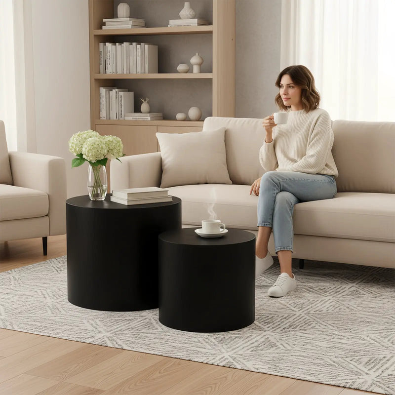 Nesting Coffee Table Set of 2, Modern Round Wood Side Tables by HouseOfZazla