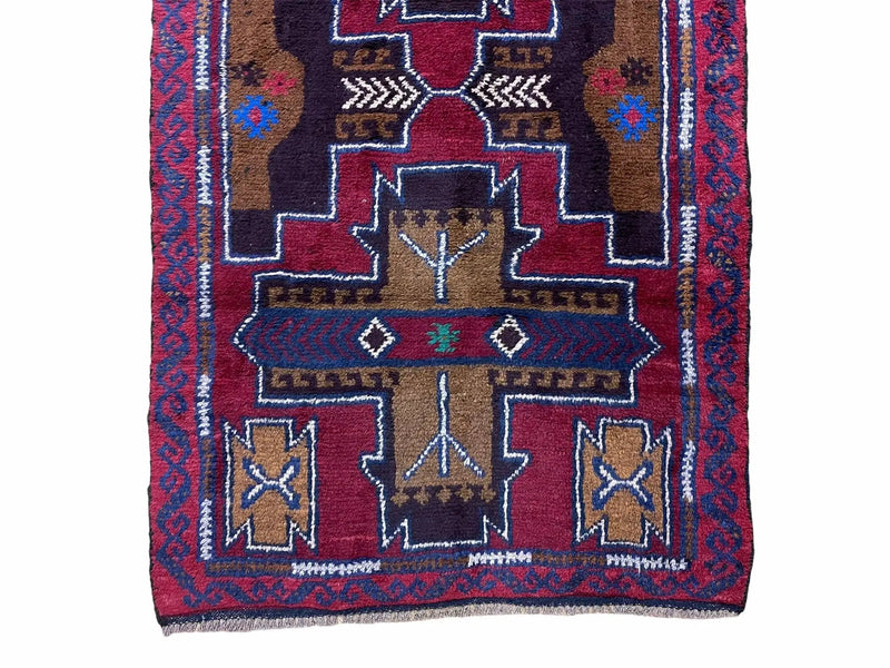 2' 10" X 4' 9" Vintage Handmade Tribal Wool Rug Balouchi Rug Afghan Rug Red Blue by Jewel Rugs