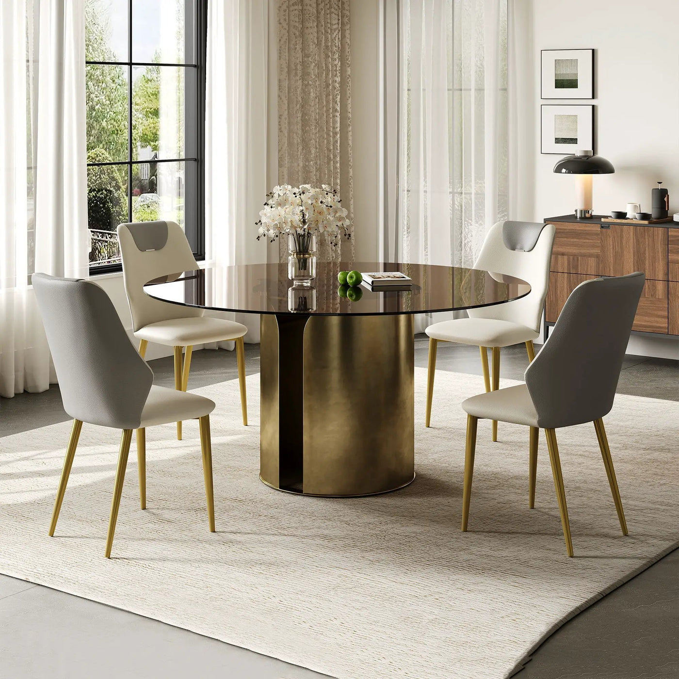 Modern Round Dining Table Set With Glass Top And Steel Legs by HouseOfZazla