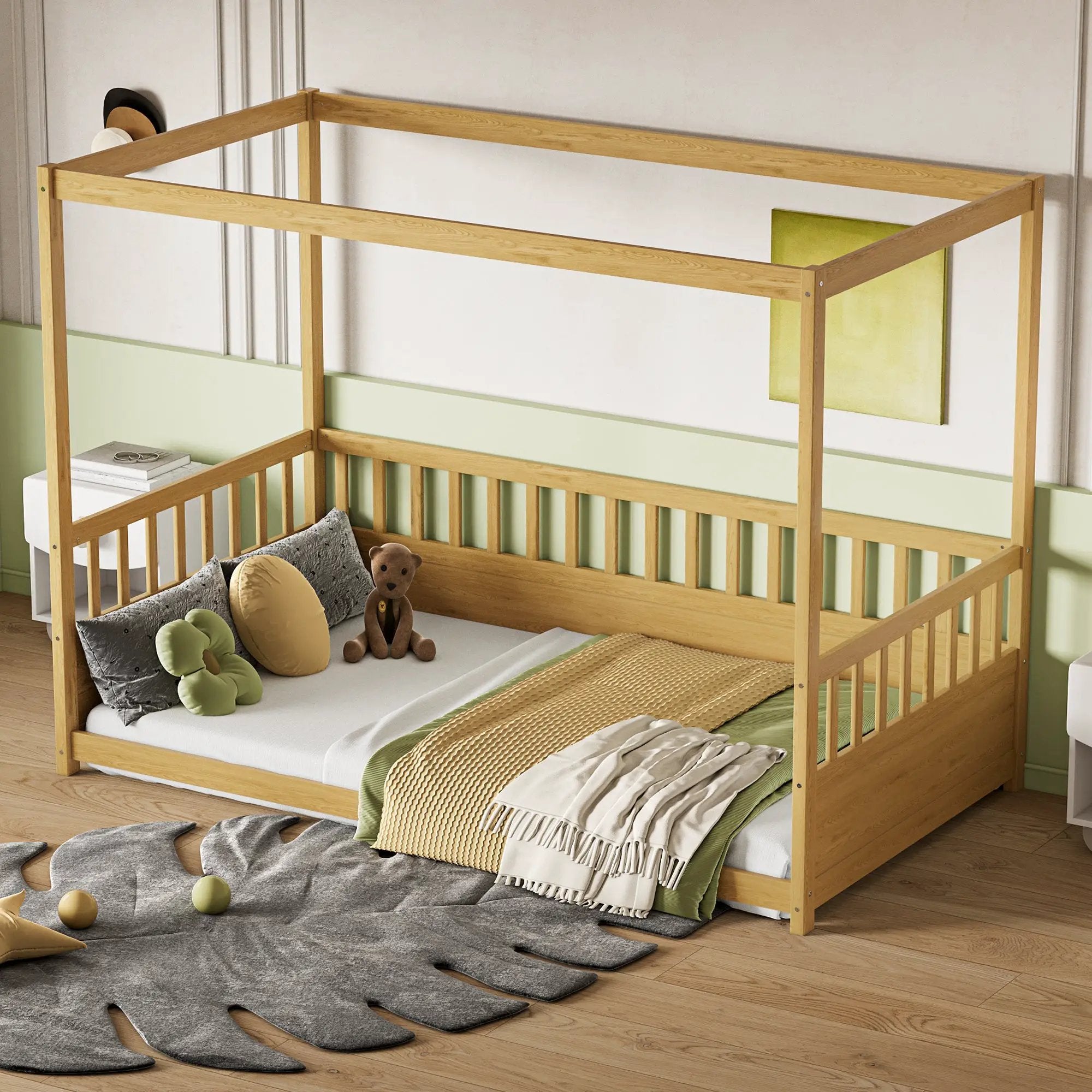 Twin Size Canopy Bed Frame with Guardrails for Kids by HouseOfZazla