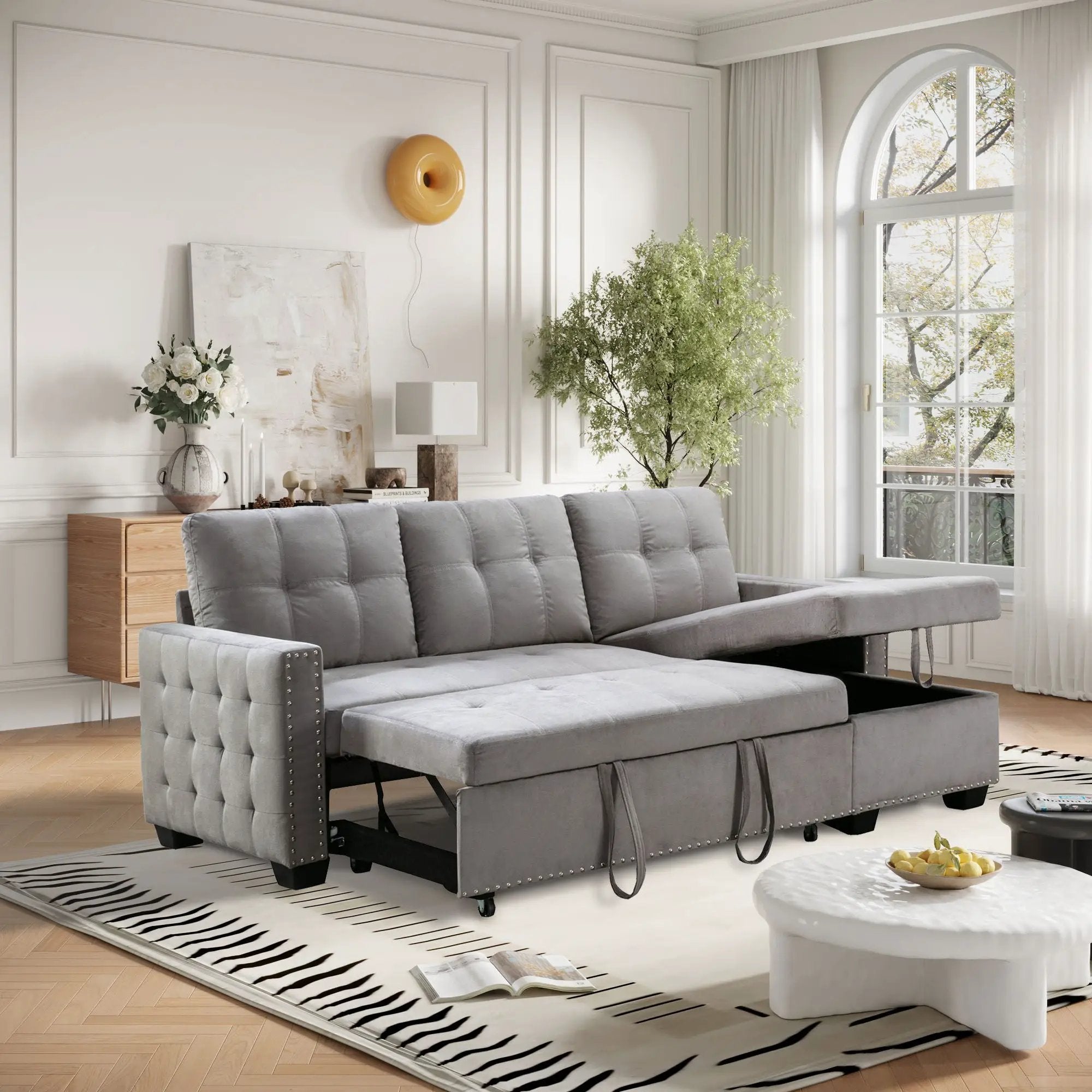 Reversible Sectional Storage Sleeper Sofa Bed, L-Shape 2 Seat Sectional Chaise With Storage, Skin-Feeling Fabric by HouseOfZazla