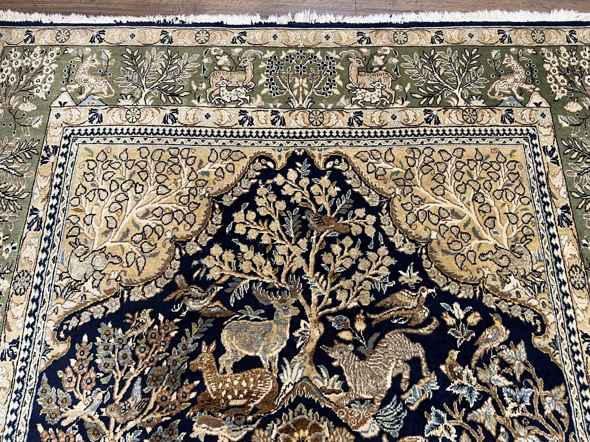 Wonderful Persian Qum Rug 6x9, Animal Pictorials, Tree of Life, Deer Birds, Hand Knotted Oriental Ghom Carpet, Semi Antique Vintage, Navy Blue Green by Jewel Rugs