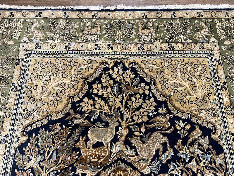 Wonderful Persian Qum Rug 6x9, Animal Pictorials, Tree of Life, Deer Birds, Hand Knotted Oriental Ghom Carpet, Semi Antique Vintage, Navy Blue Green by Jewel Rugs