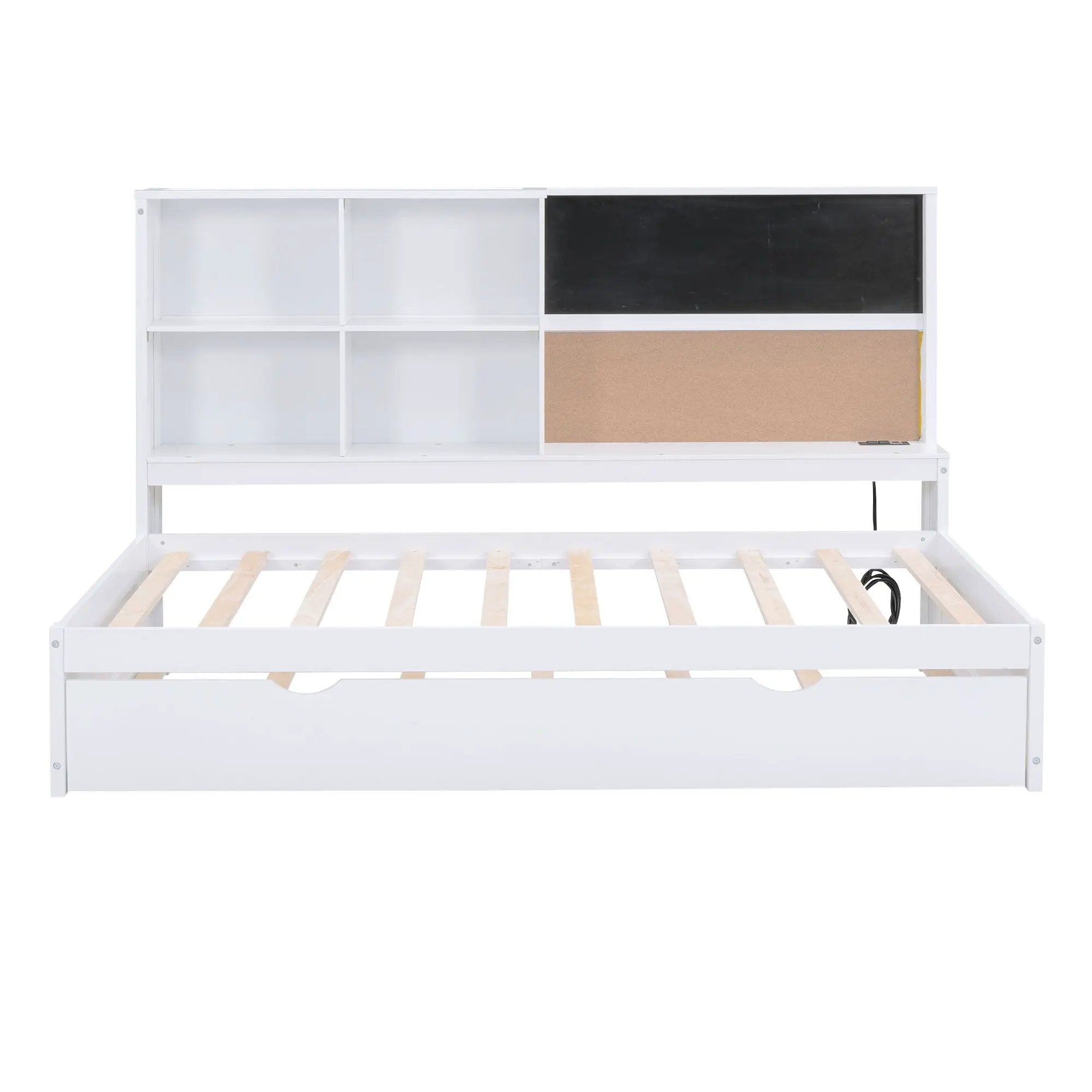 Twin Size Daybed With Storage Shelvesboard, Cork Board, USB Ports And Trundle - White by HouseOfZazla