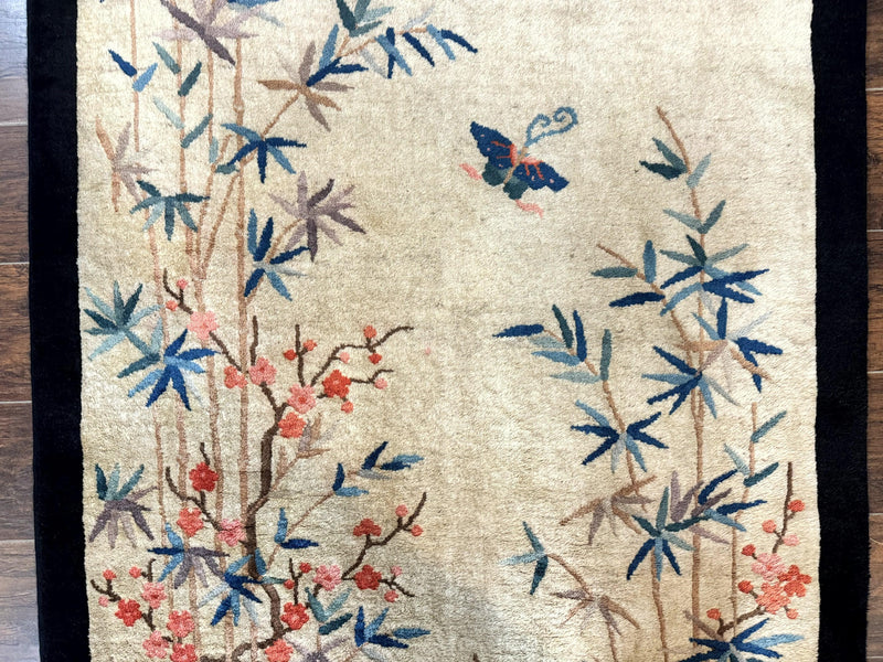 Antique Chinese Oval Rug 3.9 x 6.7, Floral, Butterflies, Chinese Wool Art Deco Peking Carpet, Beige, Handmade by Jewel Rugs
