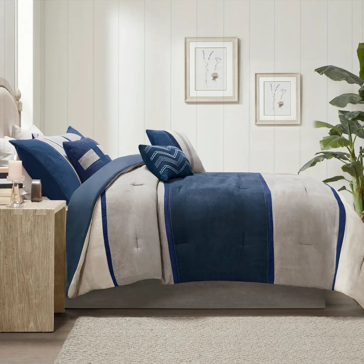 7 Piece Faux Suede Comforter Set Blue King by HouseOfZazla