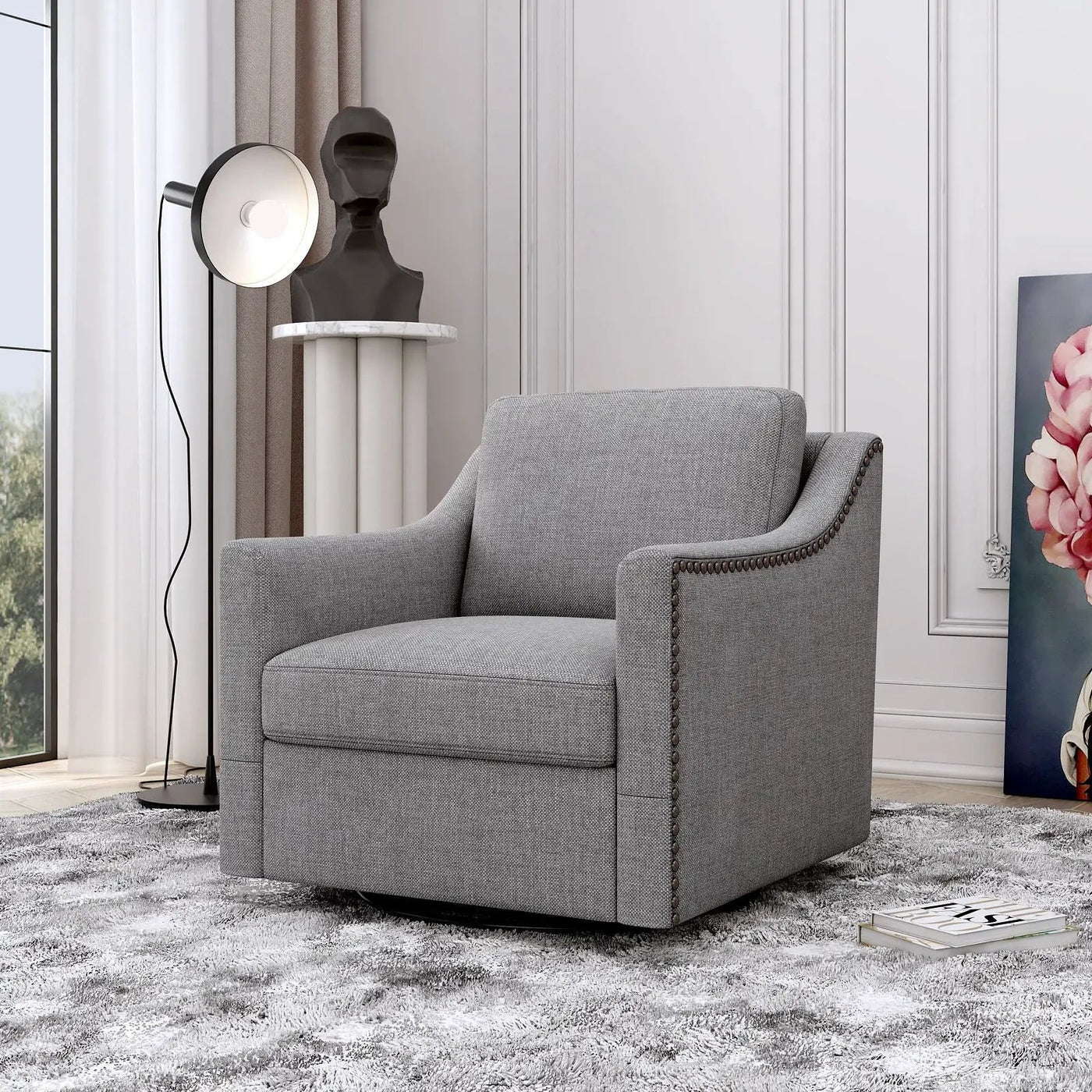 360 Degree Swivel Armchair, Skin Friendly Fabric, Ergonomic Design, Brass Nail Decorative Armchair by Unique Piece Furniture