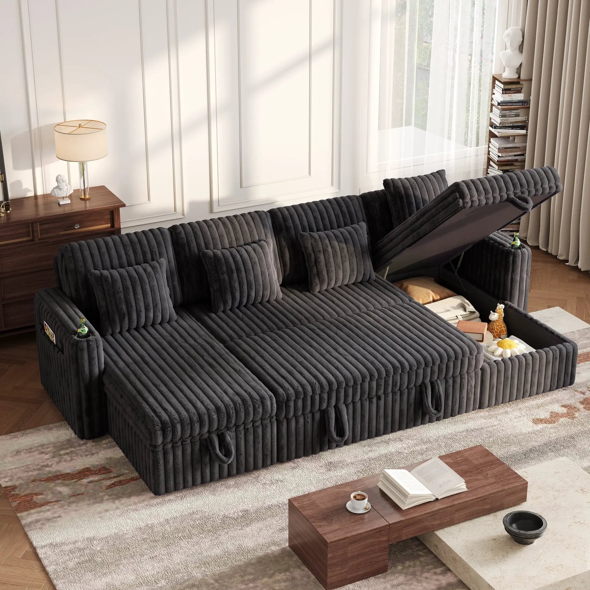 U Shaped Plush Corduroy Fluffy Sectional Sleeper Sofa by HouseOfZazla
