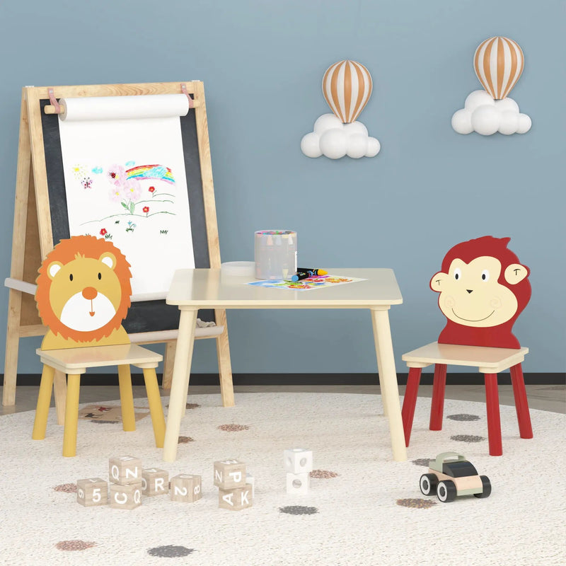 Kids Table And 2 Chairs Set, 3 Pieces Toddler Table And Chair Set, Wooden Activity Play Table Set (Lion&Monkey) - Natural by HouseOfZazla