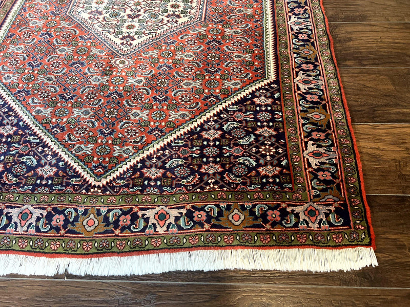 Persian Bidjar Rug 4x5, Finely Hand Knotted Vintage Carpet, Red and Navy Blue, Handmade Wool Rug, 180 KPSI by Jewel Rugs