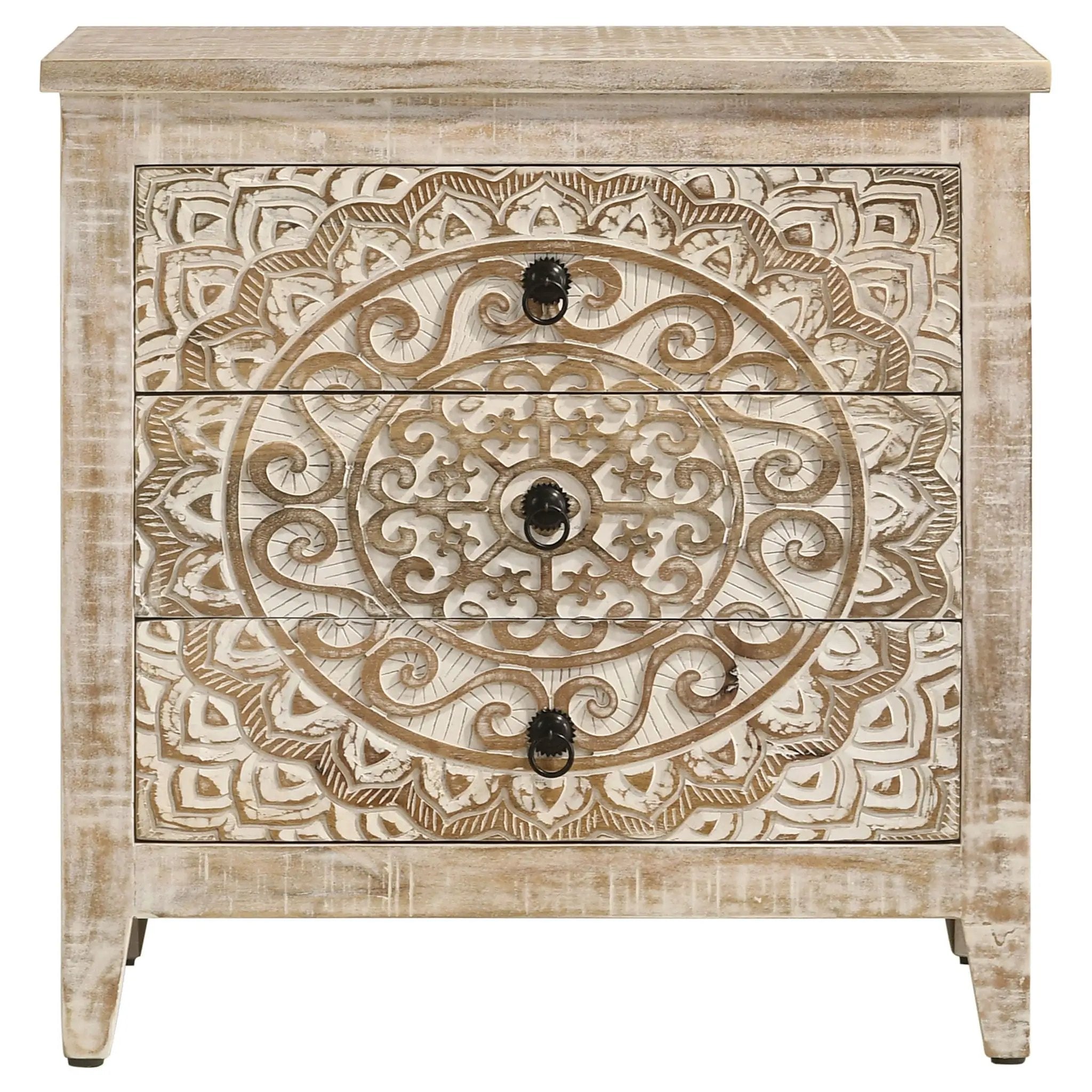 Mariska 3-drawer Wood Mandala Cabinet Distressed White by Unique Piece Furniture