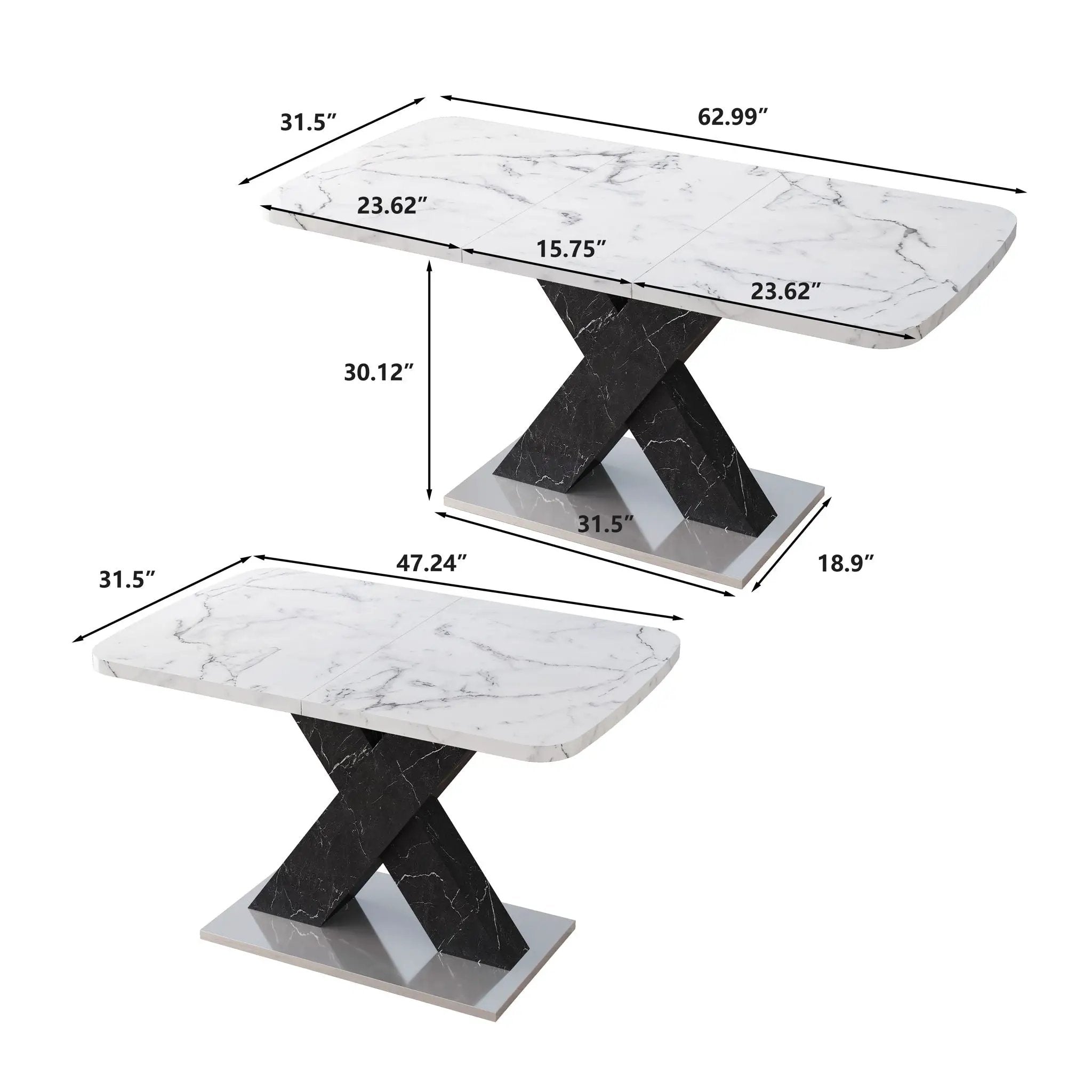Rectangle Dining Table With Stretchable Top, X Shape Mdf Legs With Steel Base - White / Black by Unique Piece Furniture
