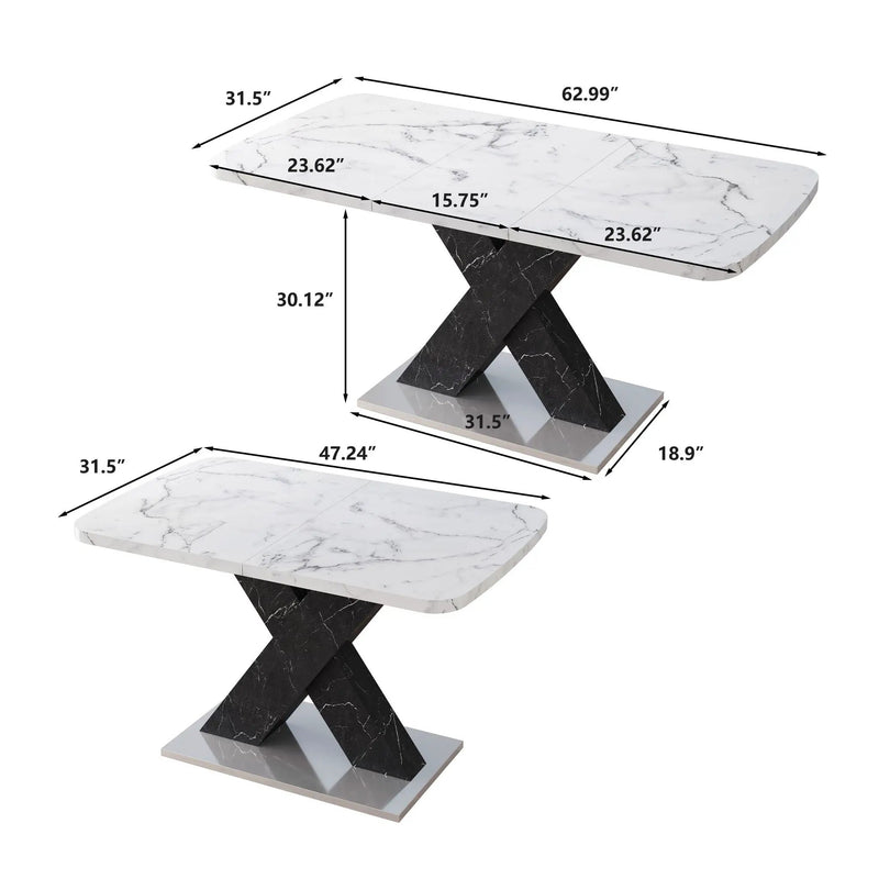 Rectangle Dining Table With Stretchable Top, X Shape Mdf Legs With Steel Base - White / Black by Unique Piece Furniture