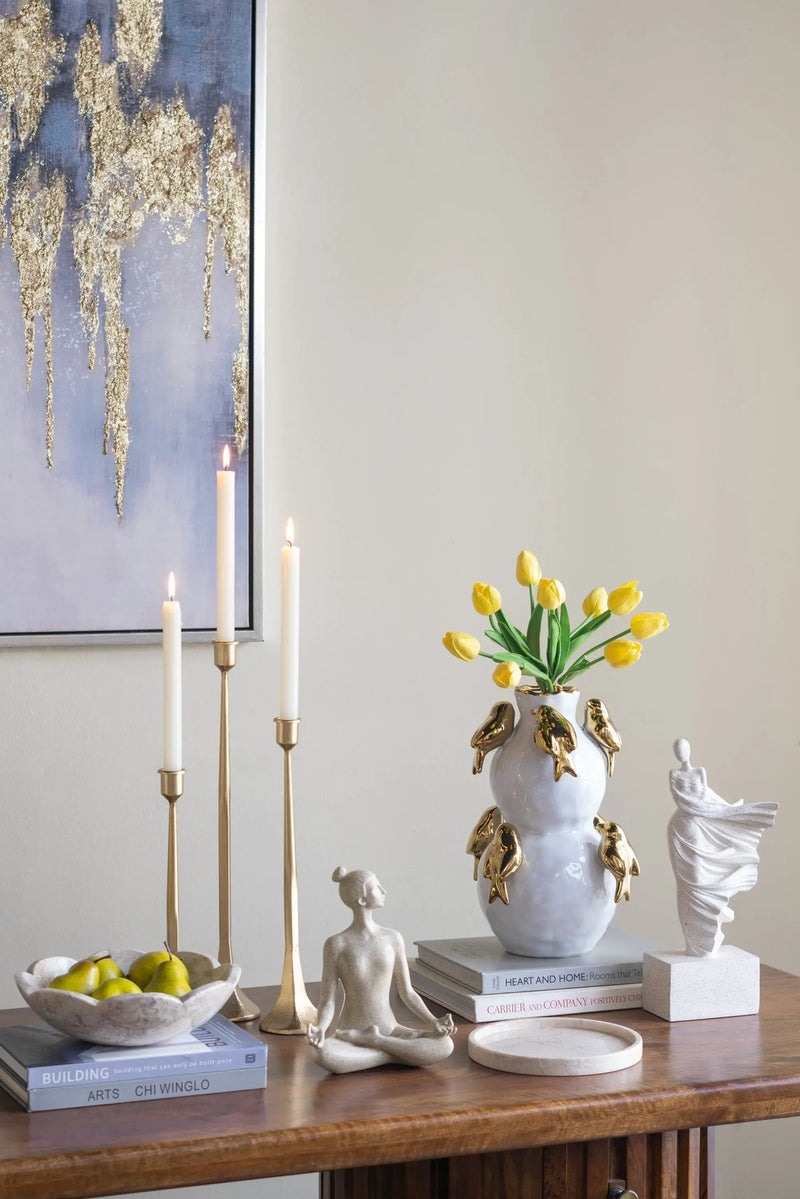 8.5x8.5x14 White Two-Tiered Ceramic Vase with Gold Bird Accents by HouseOfZazla