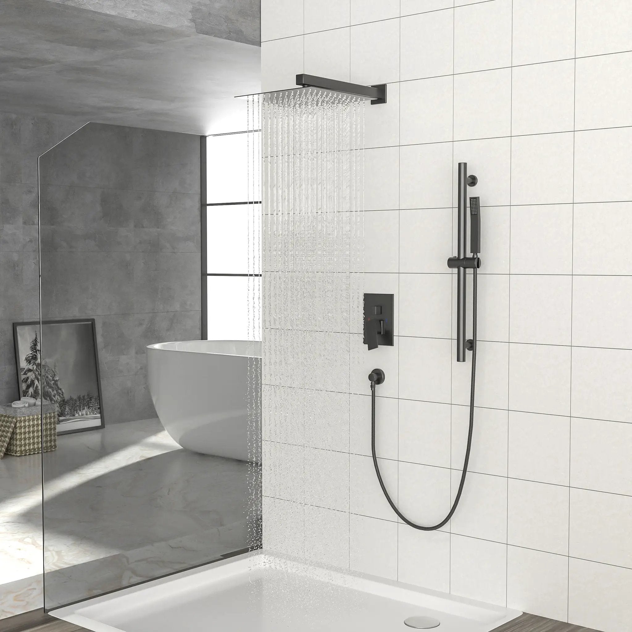 Wall Mounted Shower System With Adjustable Slide Bar And Rough In Valve - Matte Black by HouseOfZazla
