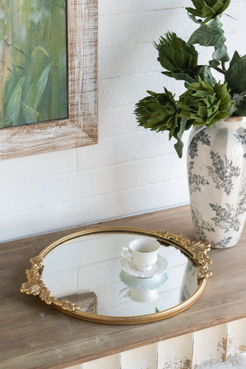 19x16x1" Round Mirror Tray with Gold Leaf Detailing by HouseOfZazla