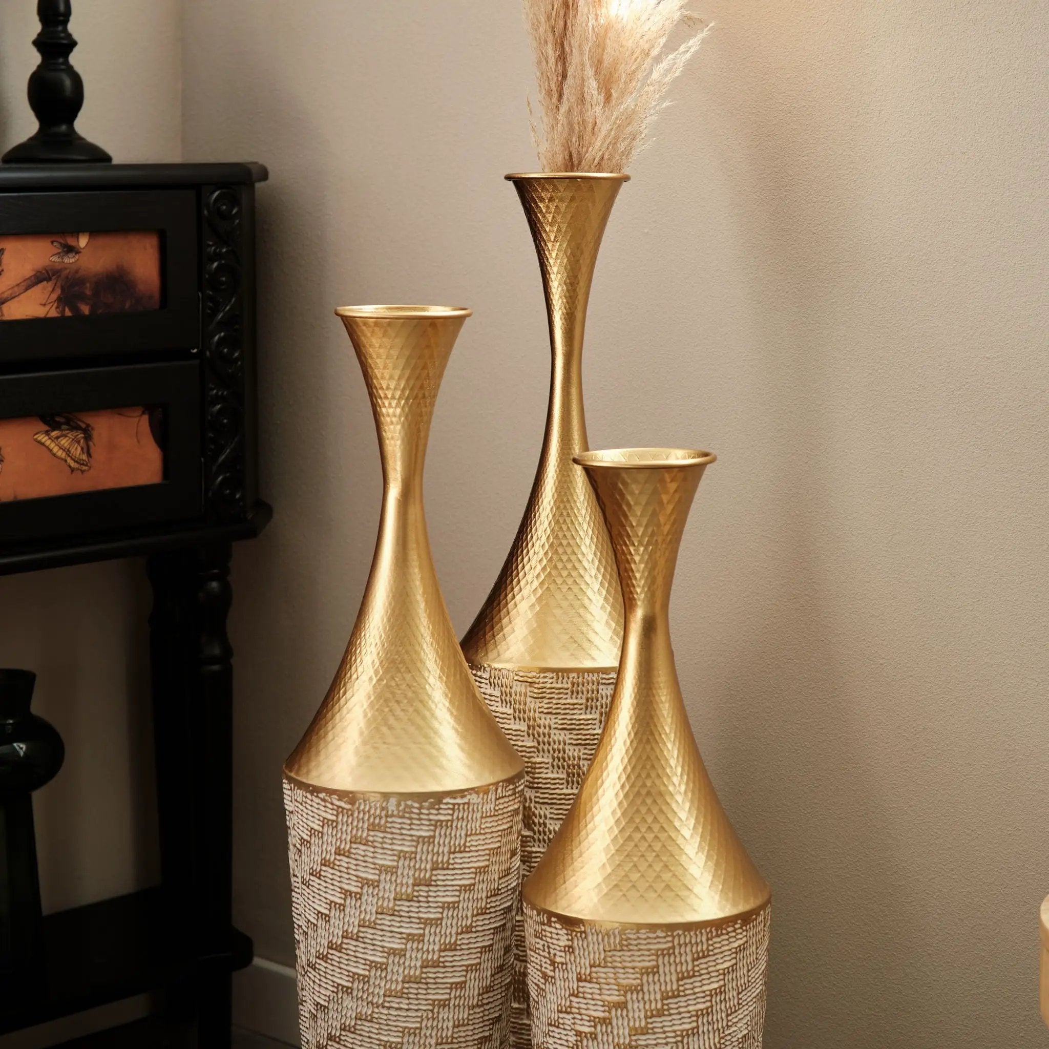 Floor Metal Vase Modern Style Decoration Home Woven Pattern Metal Vase 3 Piece Set Gorgeous Home Decoration Large Glazed Metal Vase - Champagne by HouseOfZazla