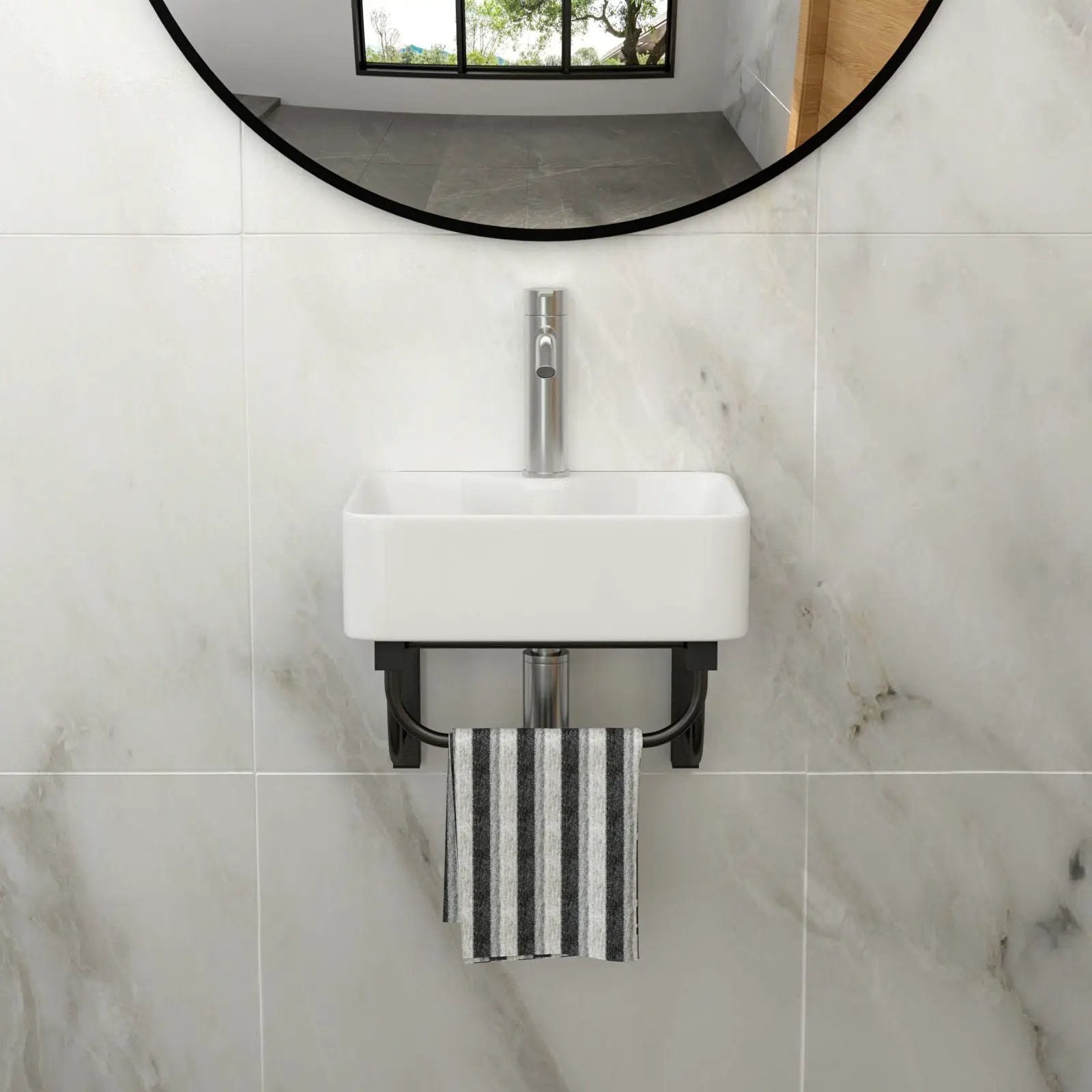 Rectangular Bathroom Sink With Towel Bar & Faucet Hole, Wall Mounted - White by Unique Piece Furniture
