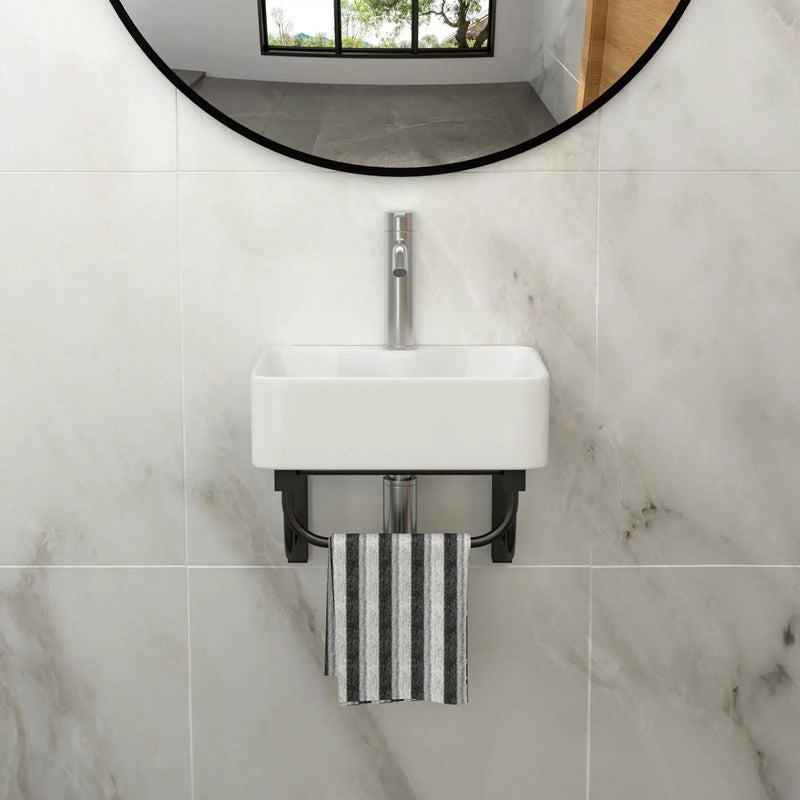 Rectangular Bathroom Sink With Towel Bar & Faucet Hole, Wall Mounted - White
