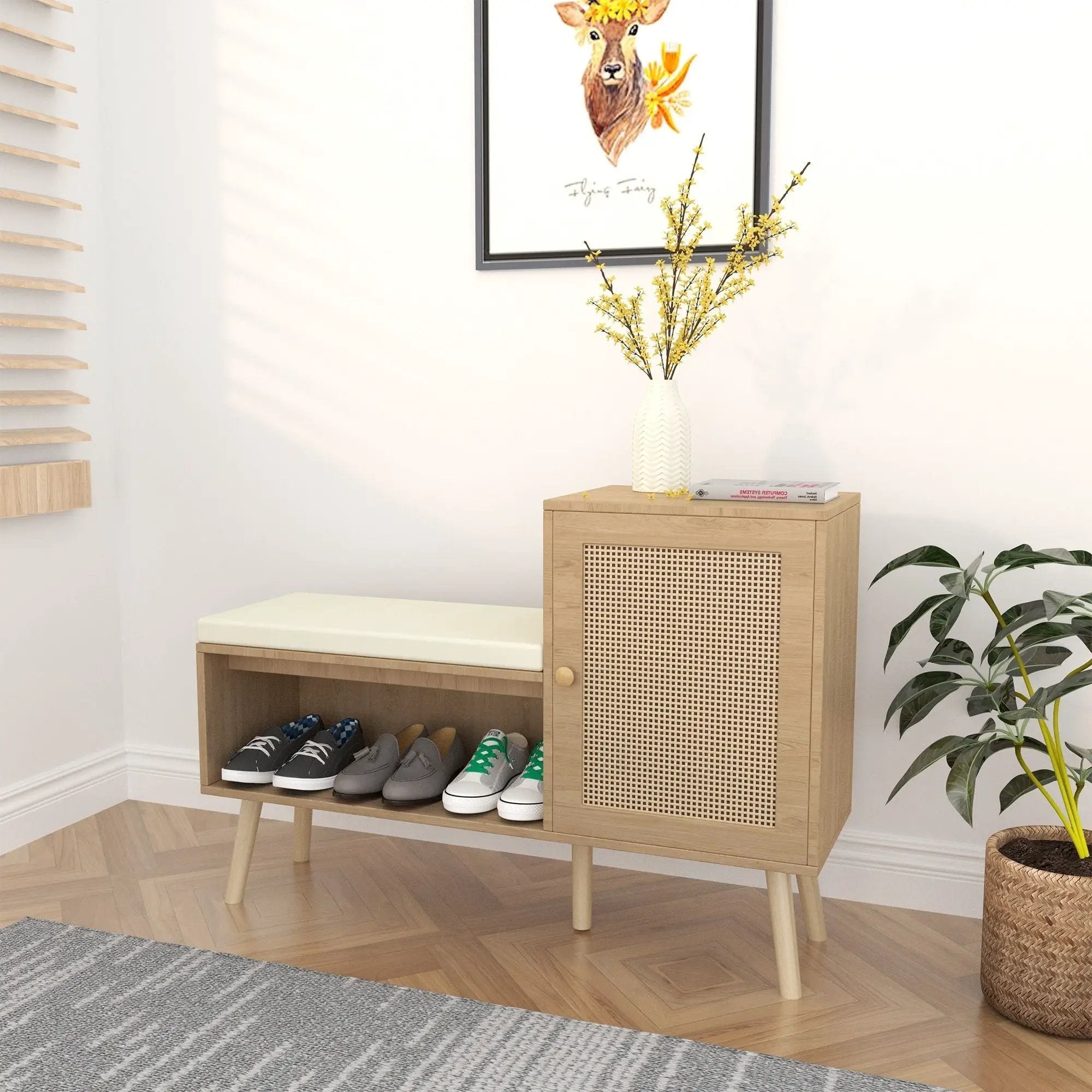 2 In 1 Shoe Storage Bench With Adjustable Shelves - Antique Natural / Rattan by Unique Piece Furniture