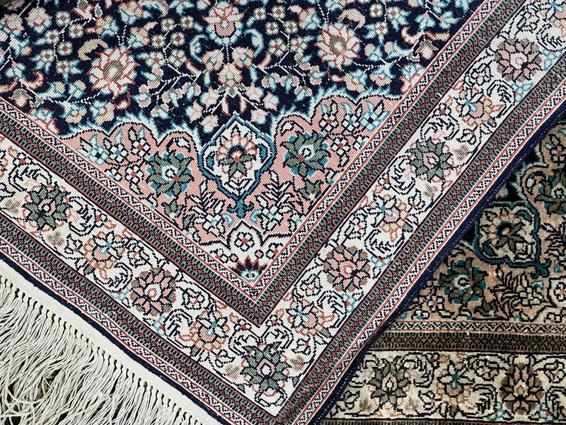 Sino Persian Silk Rug 2x2 ft, Very Fine High KPSI Small Silk Oriental Carpet, Hand-Knotted, Medallion, Vintage Silk Rug, Black Ivory/Cream by Jewel Rugs
