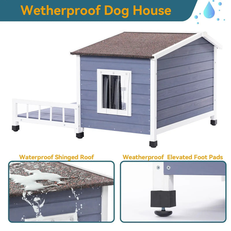 Large Wooden Dog House Indoor Outdoor With Terrace And Open Waterproof Asphalt Roof, Outdoor Dog House With Raised Floor, Windows And Door Curtains, Suitable For Small And Medium Dogs - Gray by HouseOfZazla
