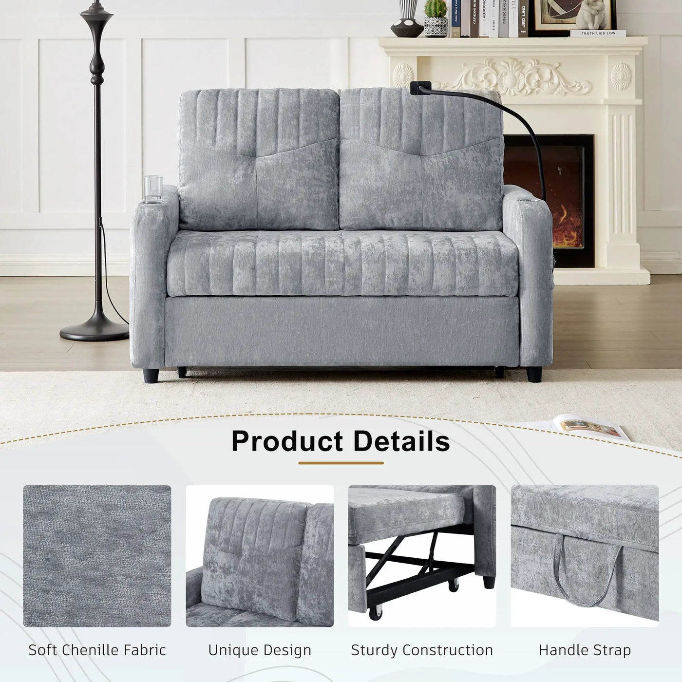 Modern Loveseat Pull Out Sofa Bed With Adjustable Backrest, Two Cup Holders, A Phone Holder, Three Charging Ports And Side Storage Pockets For Living Room by Unique Piece Furniture