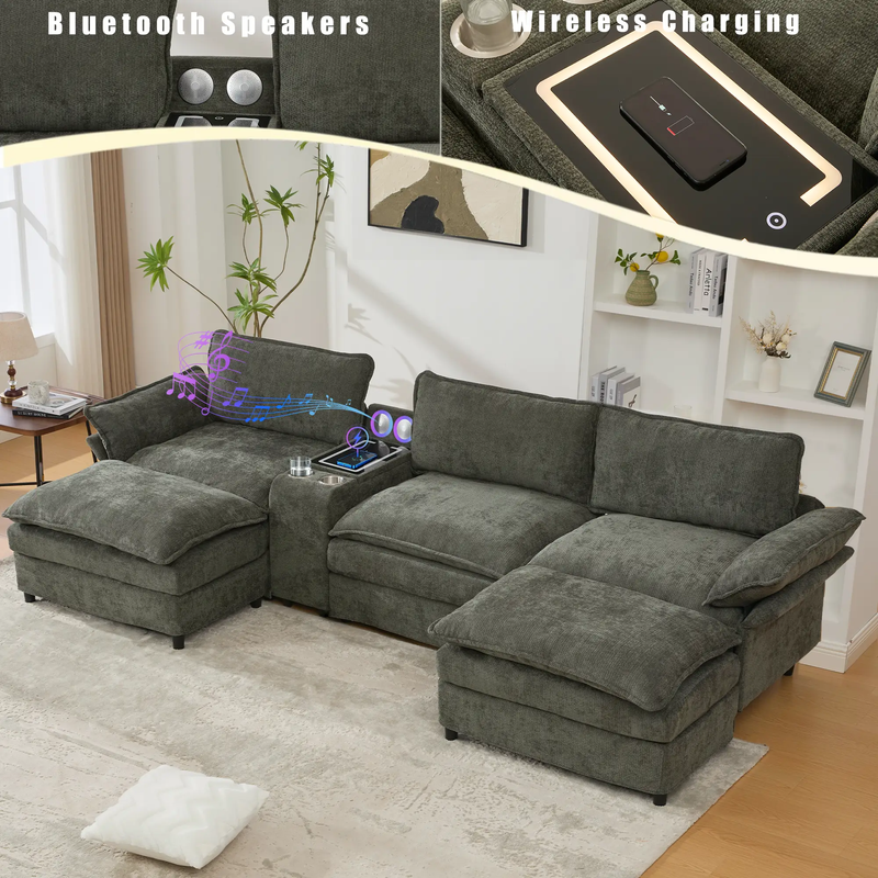 U Shaped Modular Sectional Sofa with Storage Console & Bluetooth Speakers by HouseOfZazla