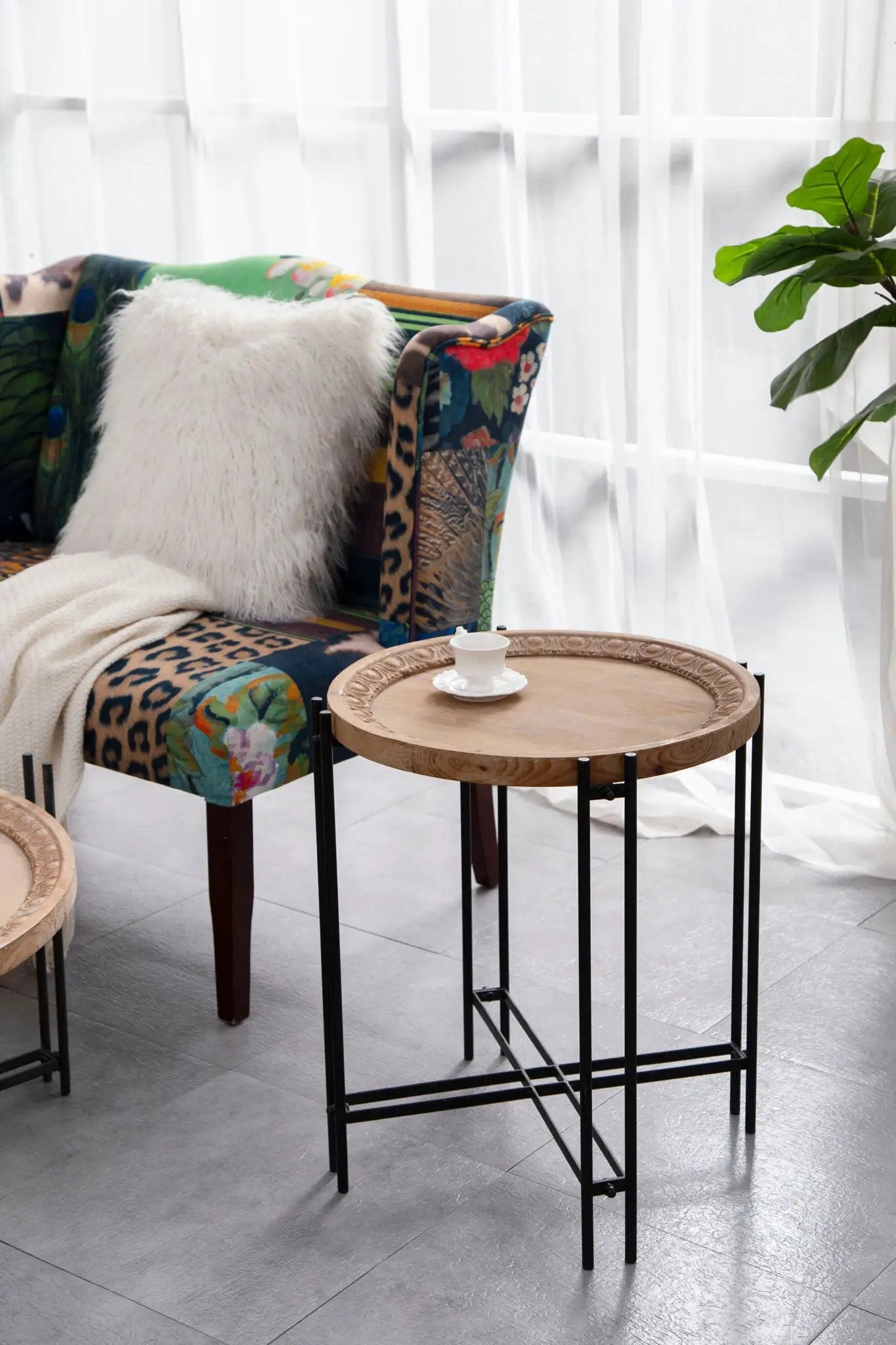 Round Side Table With Wood Top, End Table For Living Room Bedroom - Black Brown by Unique Piece Furniture