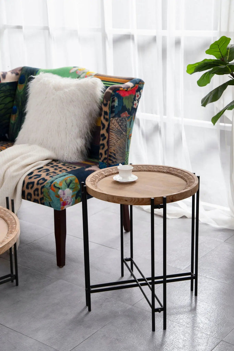 Round Side Table With Wood Top, End Table For Living Room Bedroom - Black Brown by Unique Piece Furniture
