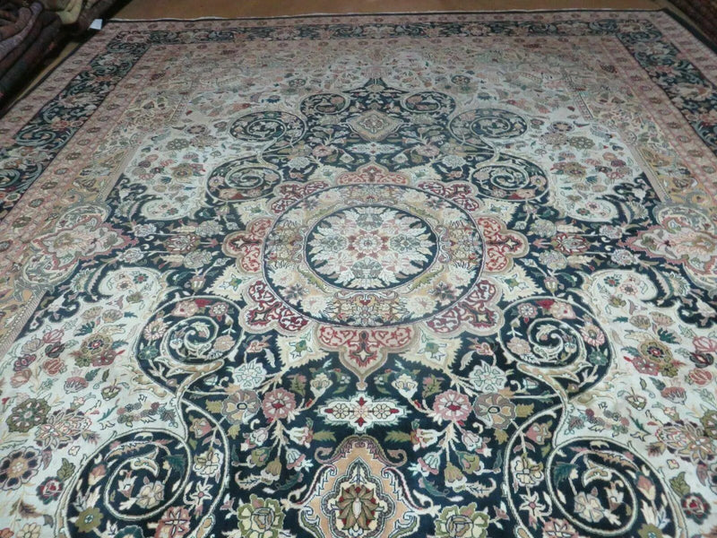 Beautiful Sino Persian Rug 9x12, Elegant High Quality Handmade Wool Oriental Carpet, Medallion with Corner Design, Floral, Black and Ivory by Jewel Rugs