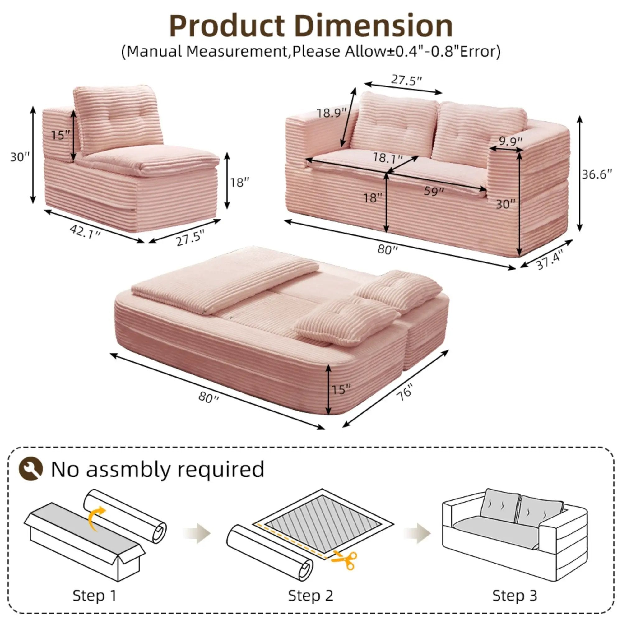 Multi Functional Sectional Sofa Bed With Independent Chaise Lounge And Functional Blanket, Convertible King Size Bed, Deep Seat - Baby Pink by HouseOfZazla