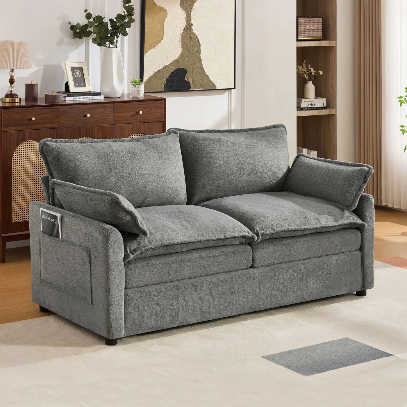 Modern Loveseat Sofa, Upholstered Couch With Side Storage Pockets by HouseOfZazla