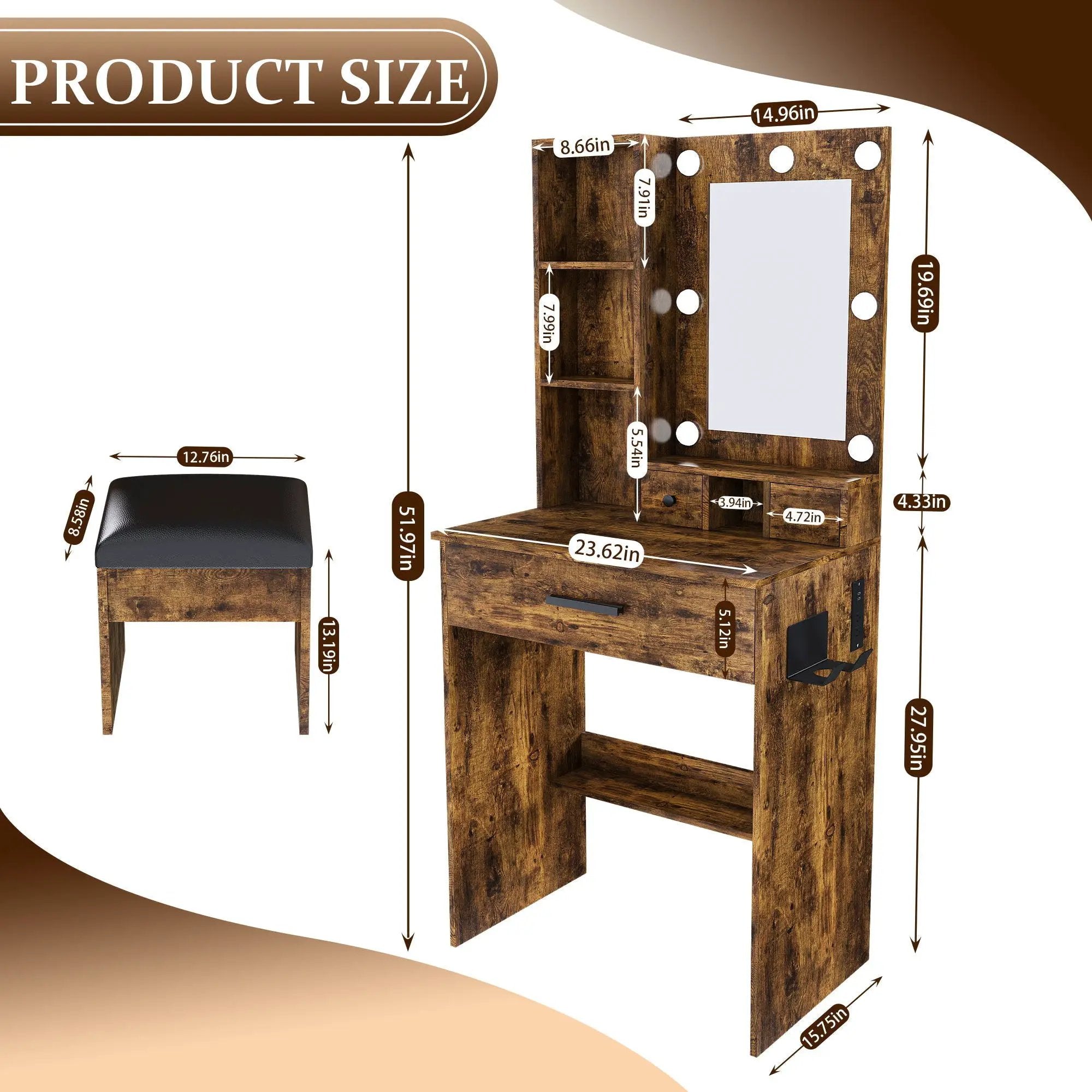 Vanity Table With Mirror, Adjustable LED Lights, Power Outlet, Hairdryer Holder & Stool by Unique Piece Furniture