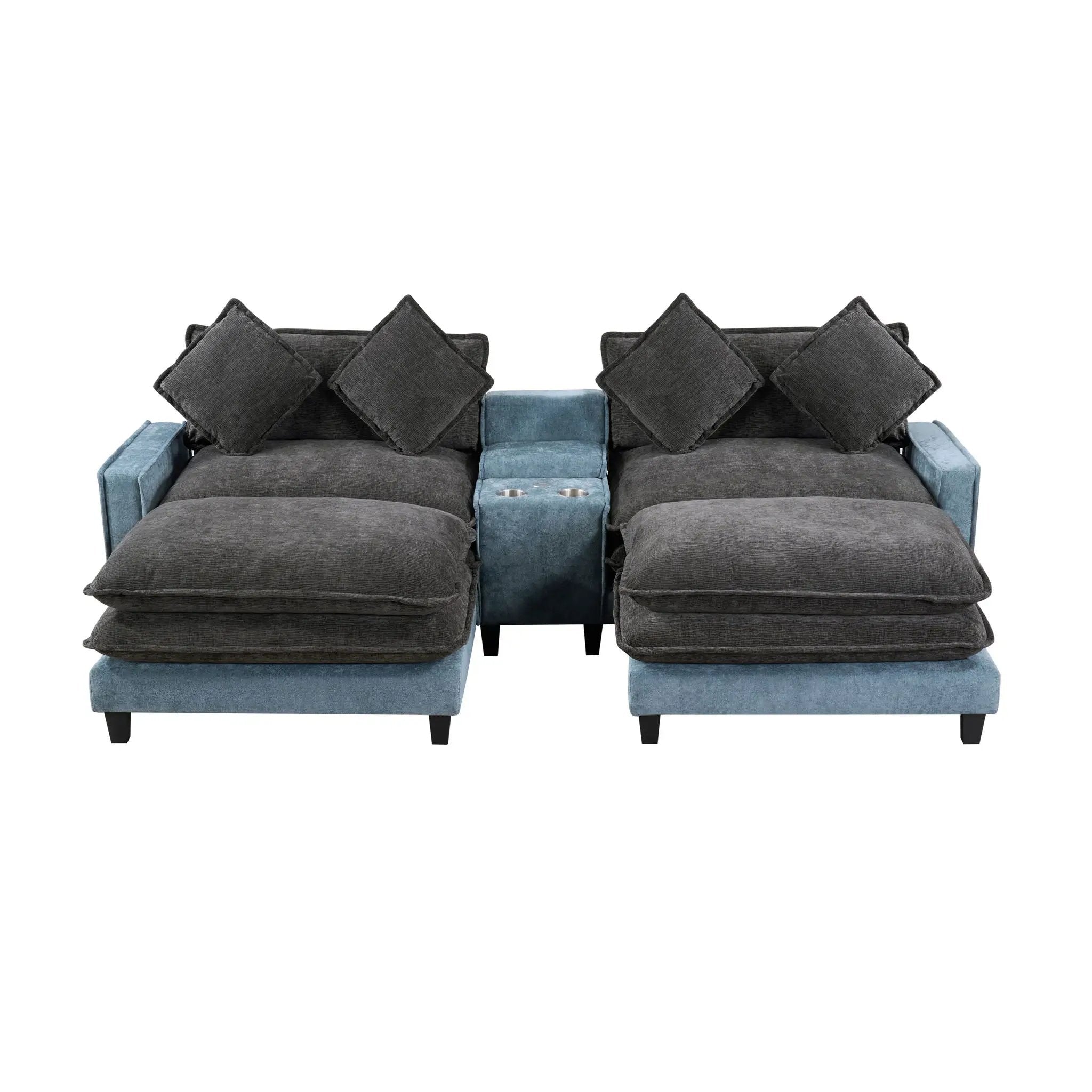 Sectional Sofa With Removable Ottomans, USB Ports, Cup Holders & Storage - Gray / Light Blue by HouseOfZazla